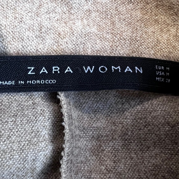 Zara Top Tan Size M Belt Tie Wool Blend Balloon Sleeve Mock Neck Buttons Blouse - Picture 2 of 11